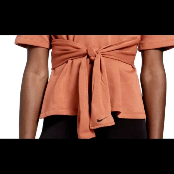 Nike Women's Dri-FIT Studio Short Sleeve Yoga Top, Dusty Peach Size XS, Wrap Tie - Picture 6 of 16